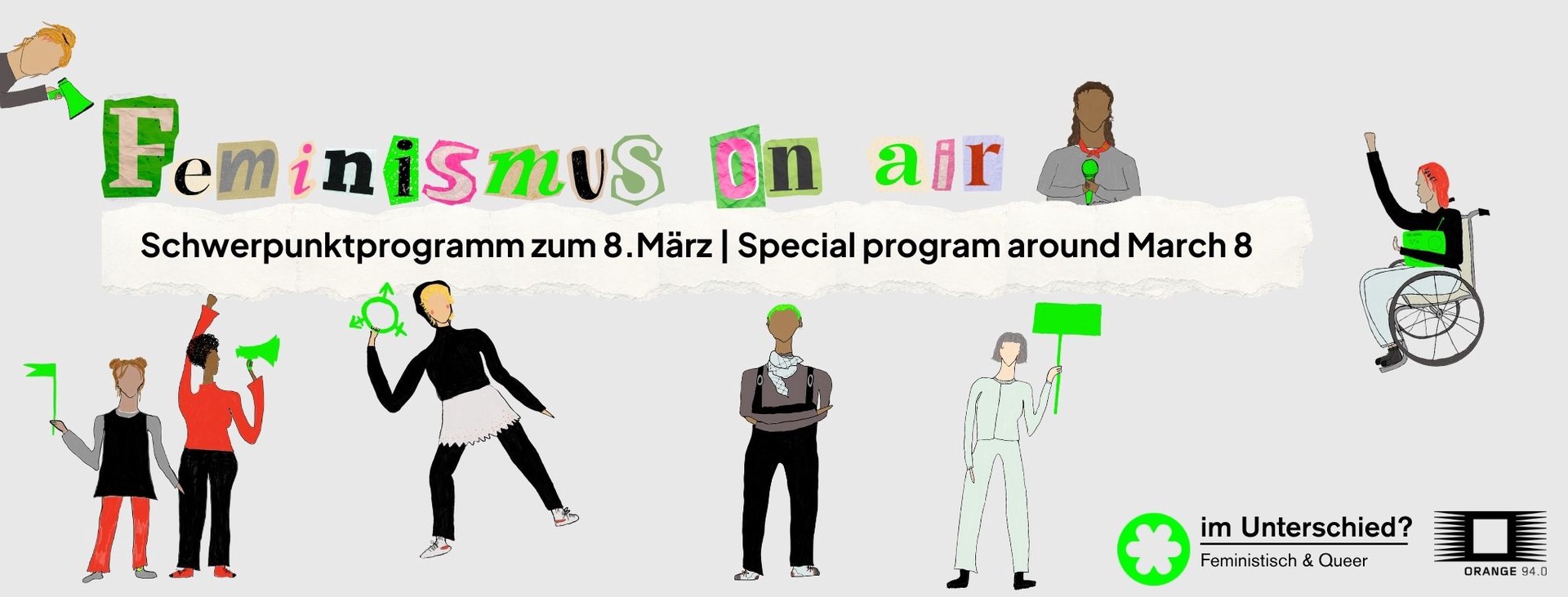 Banner mit Schriftzug Feminismus on air - Schwerpunktprogramm zum 8. März | Special program around 8 March und verschiedenen aktivistischen Figuren