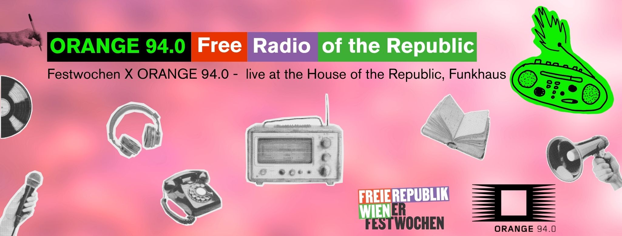 Pink banner with gray illustrations of a radio, microphone and emergency booklet and the inscription ORANGE 94.0 - Free Radio of the Republic