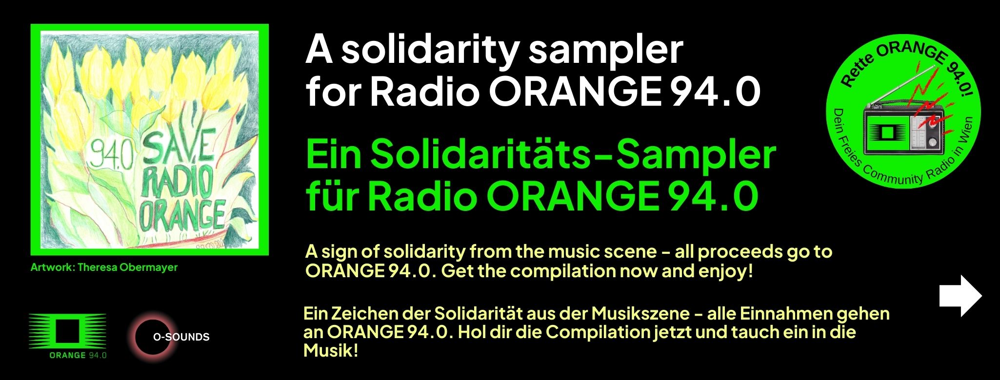 Schwarzer Banner mit Schriftzug A solidarity sampler for Radio ORANGE 94.0 / Ein Solidaritäts Sampler für ORANGE 94.0