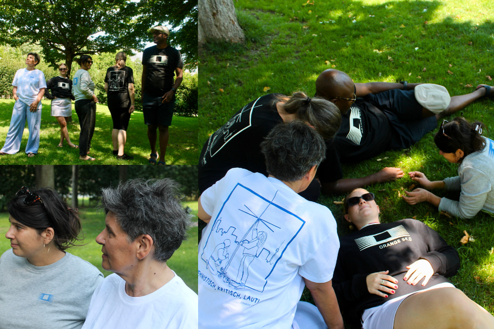 Collage: o94 Merch T-Shirts und Pullover in einem schönen Sommersetting